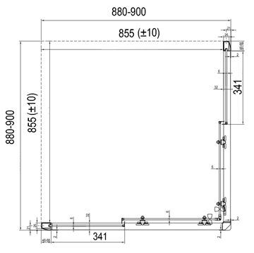 RAVAK BLIX BLRV2 90 sprchový kout 90x90 cm, rohový vstup, posuvné dveře, lesk/sklo transparent 1LV70C00Z1 Technický nákres