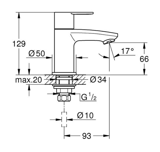 GROHE EUROSTYLE COSMOPOLITAN umyvadlová stojánková baterie pro jednu vodu, chrom 23039002 Technický nákres