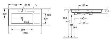 VILLEROY & BOCH VERITY LINE umyvadlo 100 cm, s otvorem pro baterii a přepadem, alpská bílá 4A14L101 Technický nákres