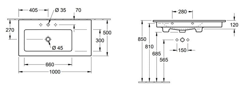 VILLEROY & BOCH VERITY LINE umyvadlo 100 cm, s otvorem pro baterii a přepadem, alpská bílá 4A14L101 Technický nákres