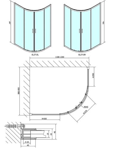 POLYSAN EASY LINE sprchový kout 120x90 cm, R550, posuvné dveře, leštěný hliník/sklo čiré EL2715 Technický nákres