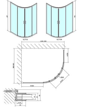 POLYSAN EASY LINE sprchový kout 120x90 cm, R550, posuvné dveře, leštěný hliník/sklo čiré EL2715 Technický nákres