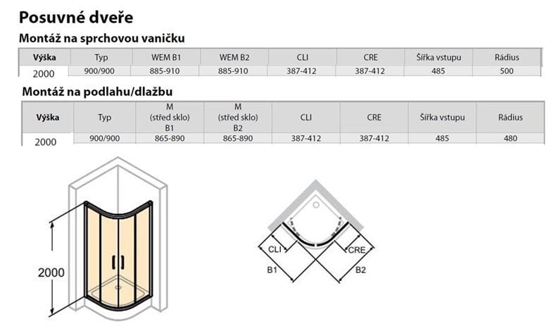HÜPPE CLASSICS 2 EASY ENTRY B1/B2 sprchový kout 90x90 cm, R500, posuvné dveře, pololesklá stříbrná/čiré sklo C25502.069.322 Technický nákres
