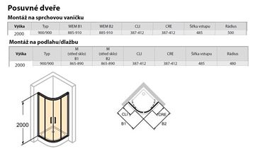 HÜPPE CLASSICS 2 EASY ENTRY B1/B2 sprchový kout 90x90 cm, R500, posuvné dveře, matná stříbrná/čiré sklo C25502.087.322 Technický nákres