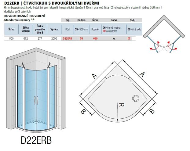 RONAL DIVERA D22ERB sprchový kout 80x80 cm, R550, křídlové dveře, aluchrom/čiré sklo D22ERB55 080 50 07 Technický nákres