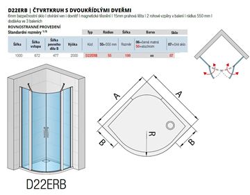 RONAL DIVERA D22ERB sprchový kout 100x100 cm, R550, křídlové dveře, aluchrom/čiré sklo D22ERB55 100 50 07 Technický nákres