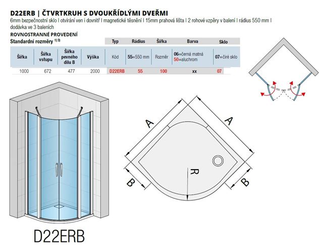 RONAL DIVERA D22ERB sprchový kout 100x100 cm, R550, křídlové dveře, aluchrom/čiré sklo D22ERB55 100 50 07 Technický nákres