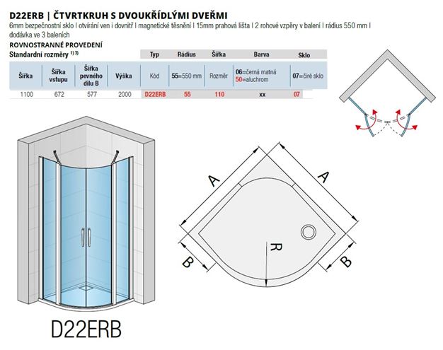 RONAL DIVERA D22ERB sprchový kout 110x110 cm, R550, křídlové dveřmi, aluchrom/čiré sklo D22ERB55 110 50 07 Technický nákres