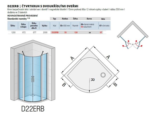 RONAL DIVERA D22ERB sprchový kout 120x120 cm, R550, křídlové dveře, aluchrom/čiré sklo D22ERB55 120 50 07 Technický nákres