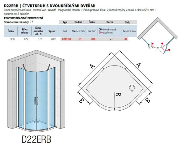 RONAL DIVERA D22ERB sprchový kout 90x90 cm, R550, křídlové dveře, sklo, aluchrom/Screen D22ERB55 090 50 87 Technický nákres