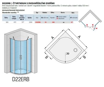 RONAL DIVERA D22ERB sprchový kout 90x90 cm, R550, křídlové dveře, sklo, aluchrom/Screen D22ERB55 090 50 87 Technický nákres