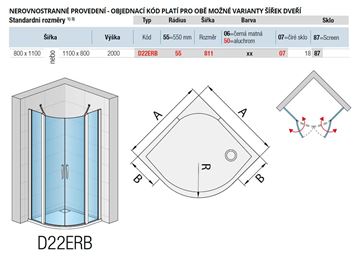 RONAL DIVERA D22ERB sprchový kout 80x110 cm, R550, křídlové dveře, aluchrom/čiré sklo D22ERB55 811 50 07 Technický nákres