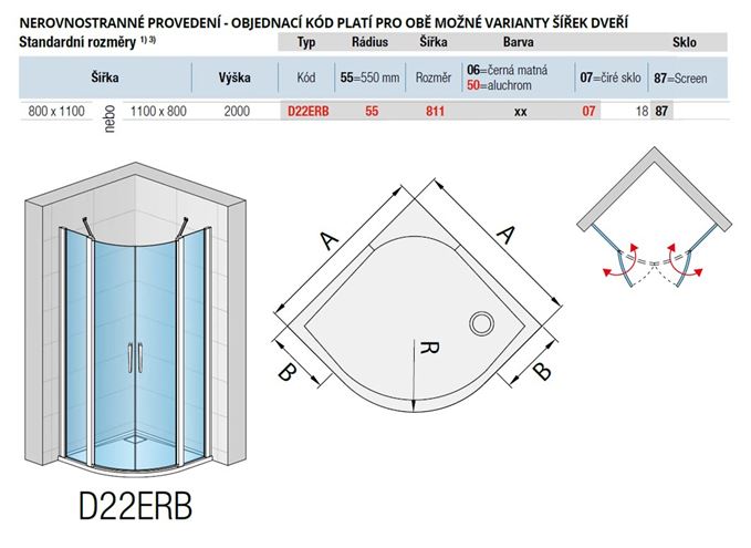 RONAL DIVERA D22ERB sprchový kout 80x110 cm, R550, křídlové dveře, aluchrom/čiré sklo D22ERB55 811 50 07 Technický nákres