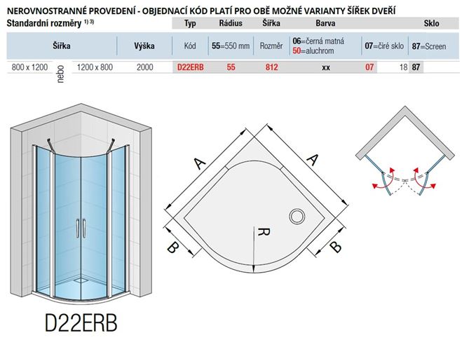 RONAL DIVERA D22ERB sprchový kout 80x120 cm, R550, křídlové dveře, aluchrom/čiré sklo D22ERB55 812 50 07 Technický nákres