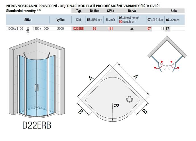 RONAL DIVERA D22ERB sprchový kout 100x110 cm, R550, křídlové dveře, aluchrom/čiré sklo D22ERB55 111 50 07 Technický nákres