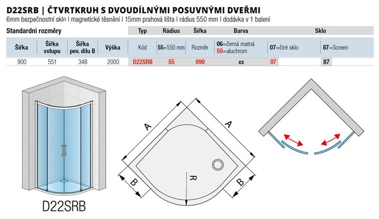 RONAL DIVERA D22SRB sprchový kout 90x90 cm, R550, posuvné dveře, aluchrom/čiré sklo D22SRB55 090 50 07 Technický nákres