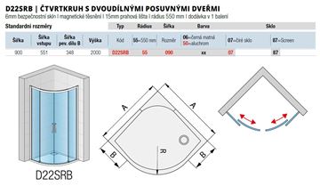 RONAL DIVERA D22SRB sprchový kout 90x90 cm, R550, posuvné dveře, sklo, aluchrom/Screen D22SRB55 090 50 87 Technický nákres