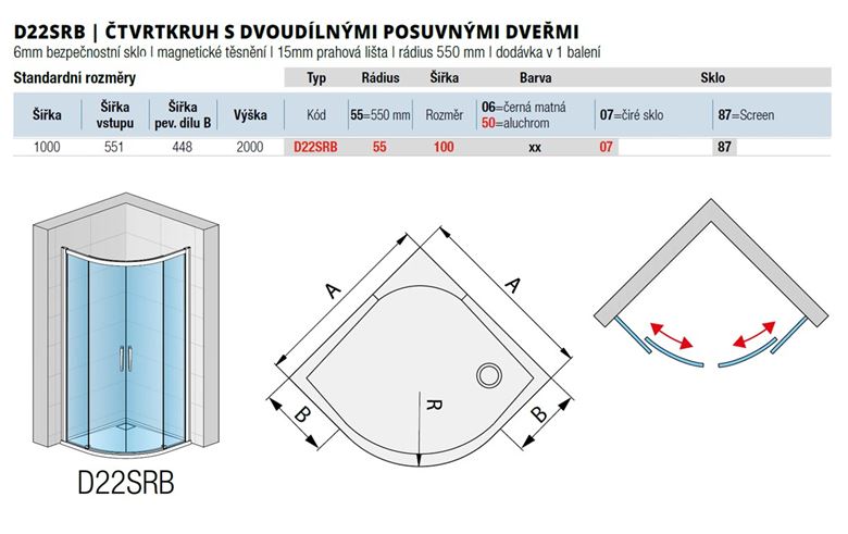 RONAL DIVERA D22SRB sprchový kout 100x100 cm, R550, posuvné dveře, aluchrom/čiré sklo D22SRB55 100 50 07 Technický nákres