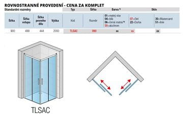 RONAL TOP-LINE S TLSAC sprchový kout 90x90 cm, rohový vstup, posuvné dveře, aluchrom/čiré sklo TLSAC 090 50 07 Technický nákres