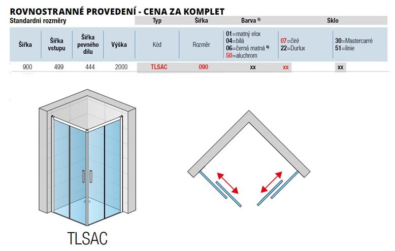 RONAL TOP-LINE S TLSAC sprchový kout 90x90 cm, rohový vstup, posuvné dveře, aluchrom/čiré sklo TLSAC 090 50 07 Technický nákres