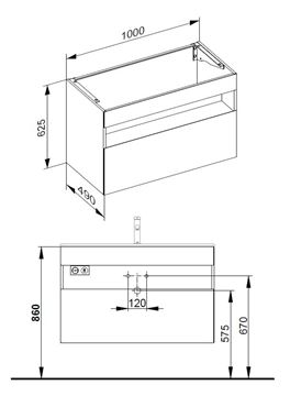 KEUCO STAGELINE skříňka pod umyvadlo 100x49x62,5 cm, 1 zásuvka, 1 police, s osvětlením, matná bílá 32872300100 Technický nákres