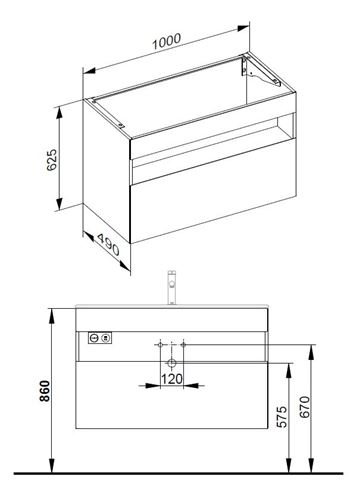 KEUCO STAGELINE skříňka pod umyvadlo 100x49x62,5 cm, 1 zásuvka, 1 police, s osvětlením, matná bílá 32872300100 Technický nákres