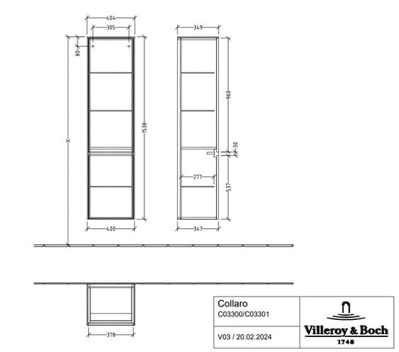VILLEROY & BOCH COLLARO vysoká skříňka 40,4x34,9x153,8 cm, 2 dvířka, panty vlevo, Oak Kansas C03300RH Technický nákres