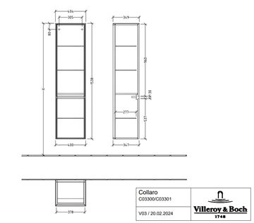 VILLEROY & BOCH COLLARO vysoká skříňka 40,4x34,9x153,8 cm, 2 dvířka, panty vlevo, Oak Kansas C03300RH Technický nákres