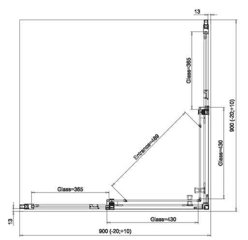 RONAL DIVERA D22SE2B sprchový kout 90x90 cm, rohový vstup, posuvné dveře, aluchrom/čiré sklo D22SE2B 090 50 07 Technický nákres
