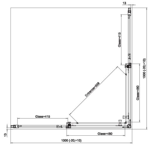 RONAL DIVERA D22SE2B sprchový kout 100x100 cm, rohový vstup, posuvné dveře, aluchrom/čiré sklo D22SE2B 100 50 07 Technický nákres