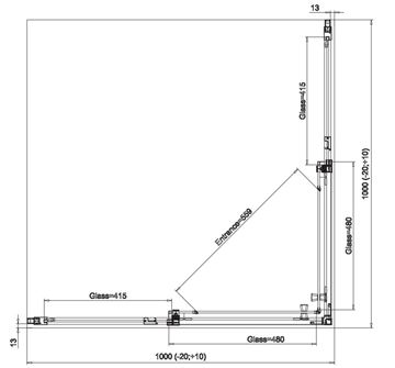 RONAL DIVERA D22SE2B sprchový kout 100x100 cm, rohový vstup, posuvné dveře, aluchrom/čiré sklo D22SE2B 100 50 07 Technický nákres