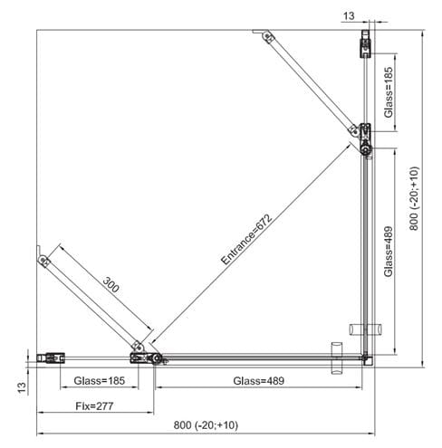RONAL DIVERA D22DE2B sprchový kout 80x80 cm, rohový vstup, křídlové dveře, aluchrom/čiré sklo D22DE2B 080 50 07 Technický nákres