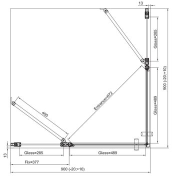 RONAL DIVERA D22DE2B sprchový kout 90x90 cm, rohový vstup, křídlové dveře, aluchrom/čiré sklo D22DE2B 090 50 07 Technický nákres