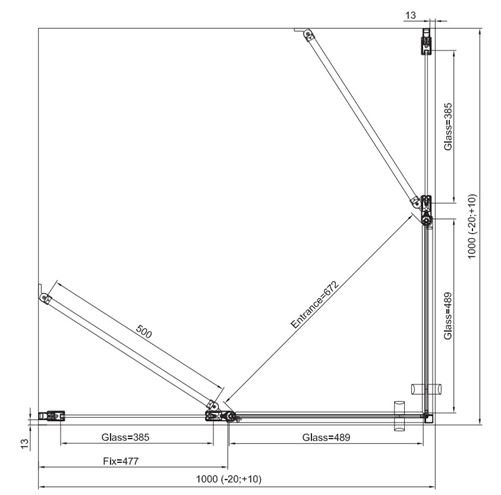 RONAL DIVERA D22DE2B sprchový kout 100x100 cm, rohový vstup, křídlové dveře, aluchrom/čiré sklo D22DE2B 100 50 07 Technický nákres