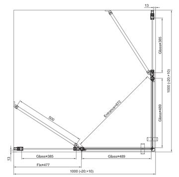 RONAL DIVERA D22DE2B sprchový kout 100x100 cm, rohový vstup, křídlové dveře, aluchrom/čiré sklo D22DE2B 100 50 07 Technický nákres