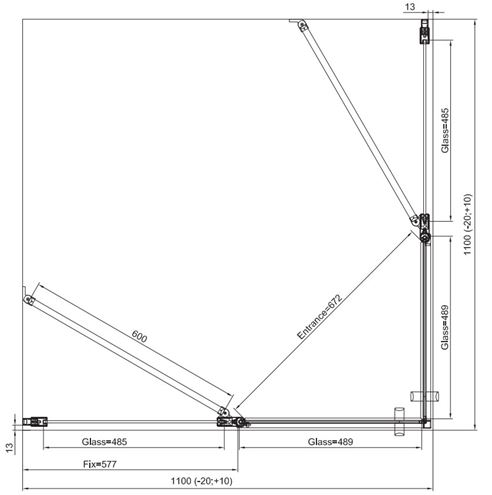 RONAL DIVERA D22DE2B sprchový kout 110x110 cm, rohový vstup, křídlové dveře, aluchrom/čiré sklo D22DE2B 110 50 07 Technický nákres