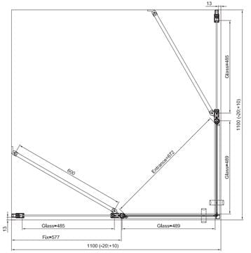 RONAL DIVERA D22DE2B sprchový kout 110x110 cm, rohový vstup, křídlové dveře, aluchrom/čiré sklo D22DE2B 110 50 07 Technický nákres