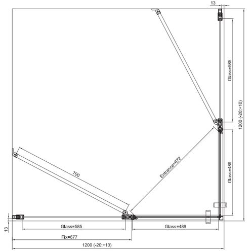 RONAL DIVERA D22DE2B sprchový kout 120x120 cm, rohový vstup, křídlové dveře, aluchrom/čiré sklo D22DE2B 120 50 07 Technický nákres