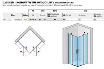 RONAL DIVERA D22DE2B sprchový kout 80x110 cm, rohový vstup, křídlové dveře, aluchrom/čiré sklo D22DE2B 80 11 50 07 Technický nákres