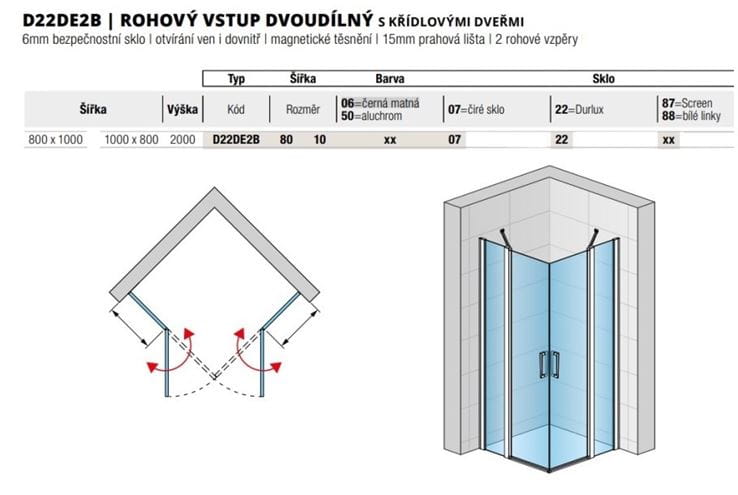 RONAL DIVERA D22DE2B sprchový kout 80x100 cm, rohový vstup, křídlové dveře, aluchrom/čiré sklo D22DE2B 80 10 50 07 Technický nákres