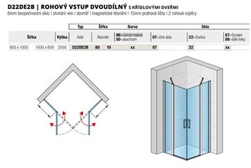 RONAL DIVERA D22DE2B sprchový kout 80x100 cm, rohový vstup, křídlové dveře, aluchrom/čiré sklo D22DE2B 80 10 50 07 Technický nákres