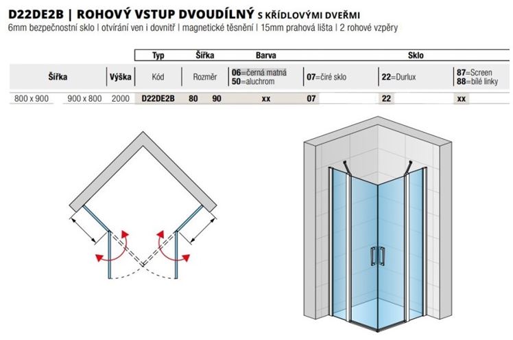 RONAL DIVERA D22DE2B sprchový kout 80x90 cm, rohový vstup, křídlové dveře, aluchrom/čiré sklo D22DE2B 80 90 50 07 Technický nákres