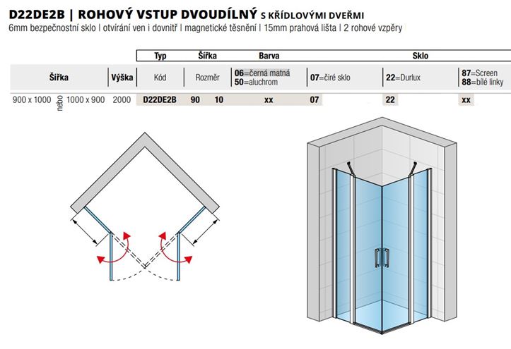 RONAL DIVERA D22DE2B sprchový kout 90x100 cm, rohový vstup, křídlové dveře, aluchrom/čiré sklo D22DE2B 90 10 50 07 Technický nákres