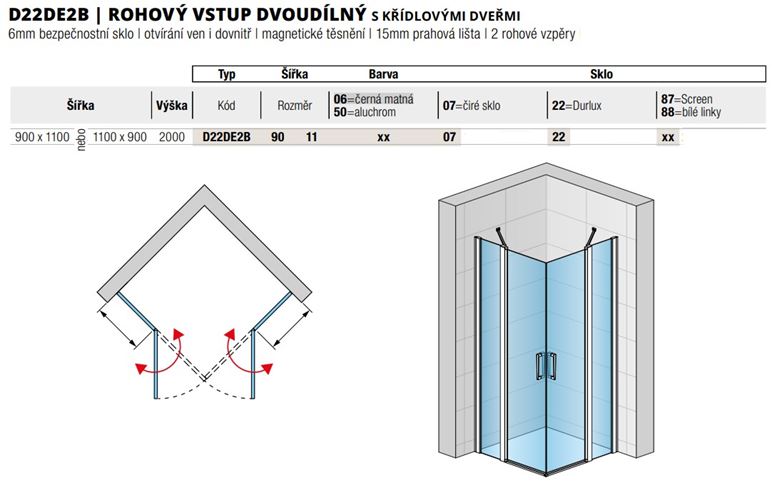 RONAL DIVERA D22DE2B sprchový kout 90x110 cm, rohový vstup, křídlové dveře, aluchrom/čiré sklo D22DE2B 90 11 50 07 Technický nákres