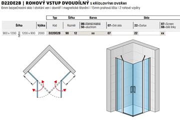 RONAL DIVERA D22DE2B sprchový kout 90x120 cm, rohový vstup, křídlové dveře, aluchrom/čiré sklo D22DE2B 90 12 50 07 Technický nákres