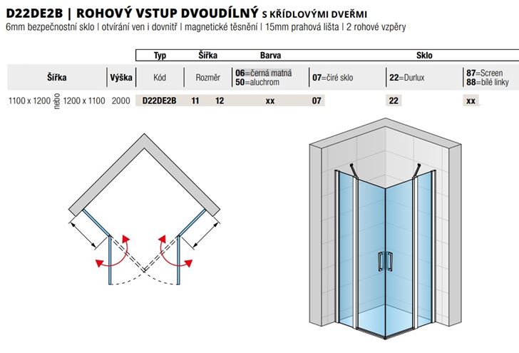 RONAL DIVERA D22DE2B sprchový kout 110x120 cm, rohový vstup, křídlové dveře, aluchrom/čiré sklo D22DE2B 11 12 50 07 Technický nákres
