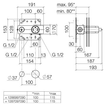 DORNBRACHT podomítkové těleso G 1/2 35 860 970 90 Technický nákres