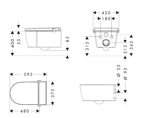 HANSGROHE LAVA PURA ELEMENT S závěsné WC s bidetovým sedátkem, SoftClosing, AquaHelix Flush, HygieneEffect 63021450 Technický nákres