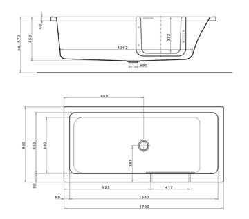 GKI DUOSETRA vana 170x80 cm, s dvířky, se zástěnou a sedátkem, s odnímatelným panelem a rámem, akrylát DUOSETRA Technický nákres