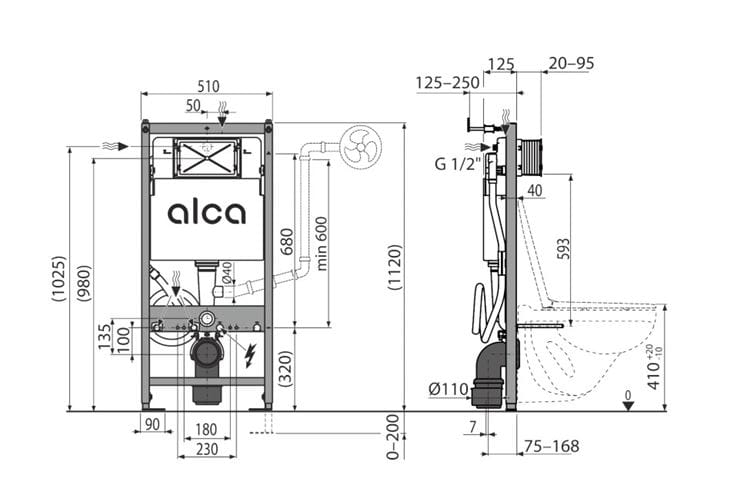 ALCA montážní prvek pro WC 112 cm, se splachovací nádržkou AM120/1120 Technický nákres